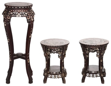 Pair of Chinese Mother of Pearl Inlaid and Marble Inset Tabourets