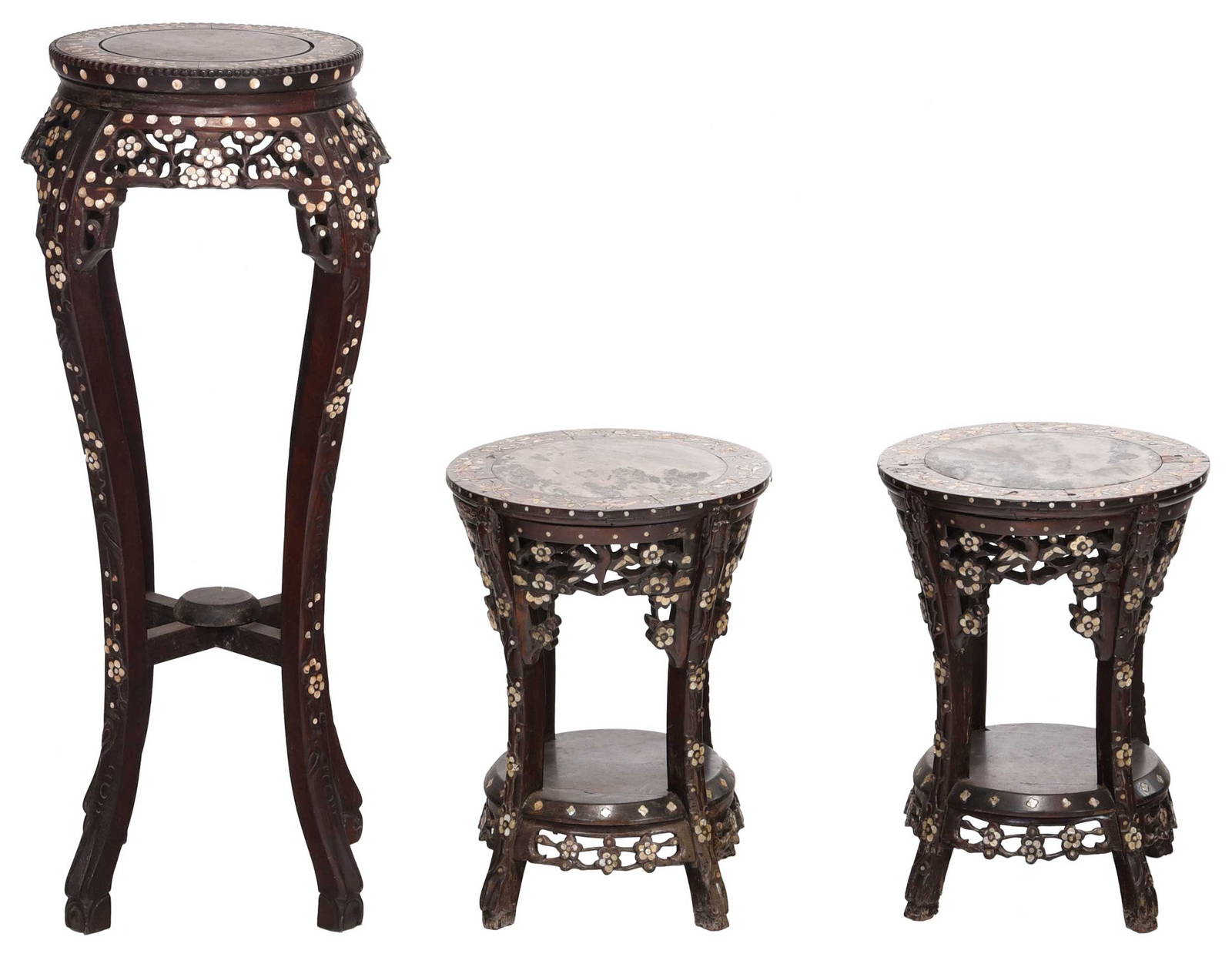 Pair of Chinese Mother of Pearl Inlaid and Marble Inset Tabourets