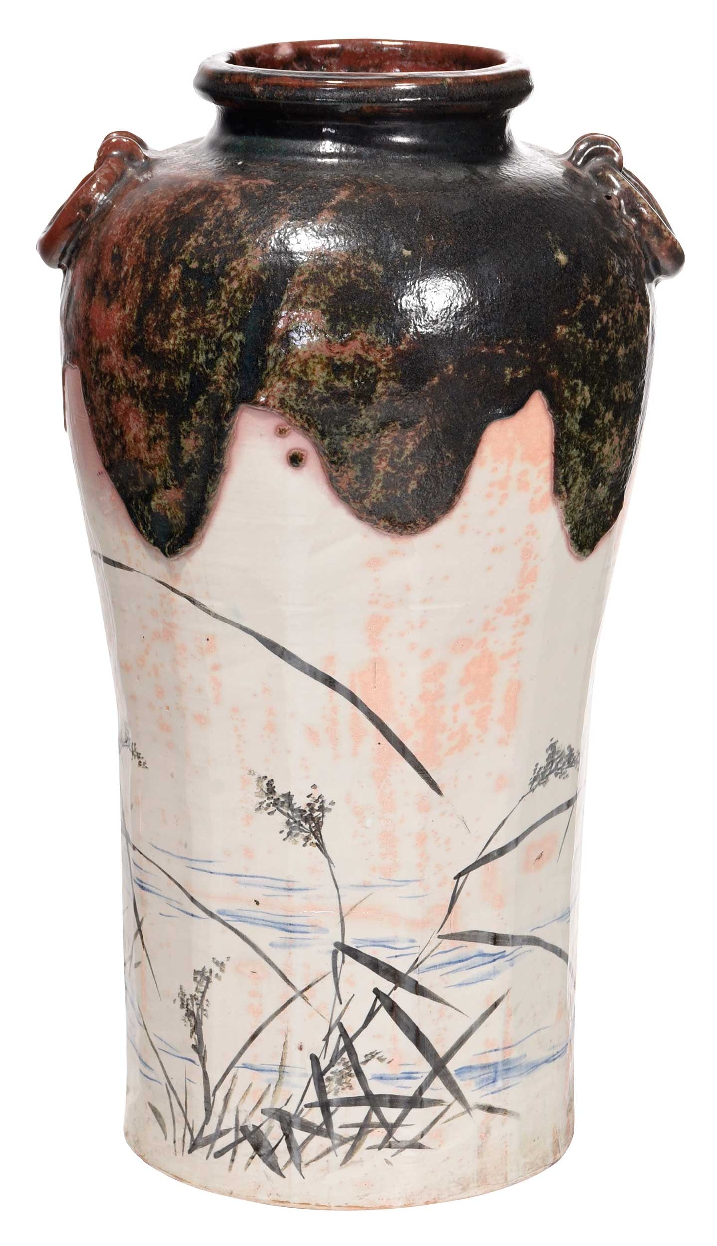 Large Japanese Ceramic Floor Vase with Deep Red Glaze Drips and Cranes
