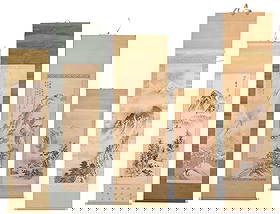 Five Asian Scrolls with Mountainous Landscapes: Chinese and Japanese, each with ivory caps, signatures, and chop seals, largest 87 x 22 in. Provenance: Estate of Gary L. Johnson, Virginia Note: This lot contains animal or plant material that may be