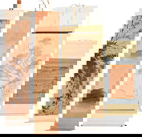 Four Hand Painted Asian Scrolls: Chinese and Japanese, late 19th/early 20th century, chop seals and poems throughout, two with ivory caps, largest 82 x 27 in. Provenance: Estate of Gary L. Johnson, Virginia Note: This lot contains an