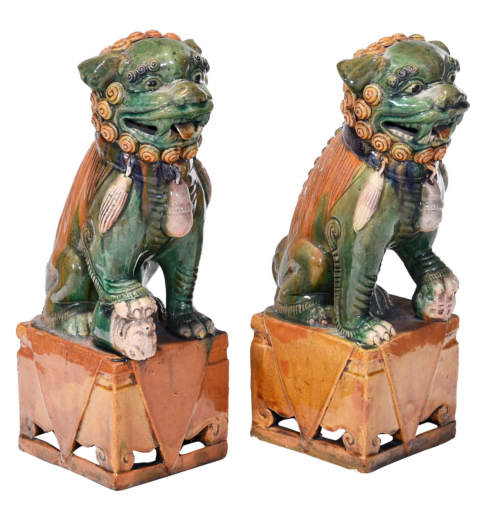 Pair of Sancai Glaze Chinese Foo Lions: unmarked, approx. 18 x 8 x 6 in. Provenance: Estate of Gary L. Johnson, Virginia