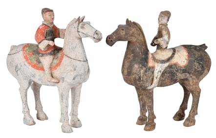 Two Tang or Tang Style Polychromed Figures on Horseback
