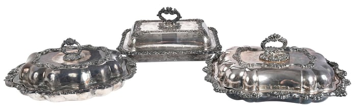 Two Old Sheffield Plate and One Silver Plate Entree Dishes