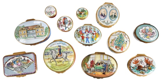 Collection of 42 Enamel Pill Boxes, Including Tape Measure and Music Box