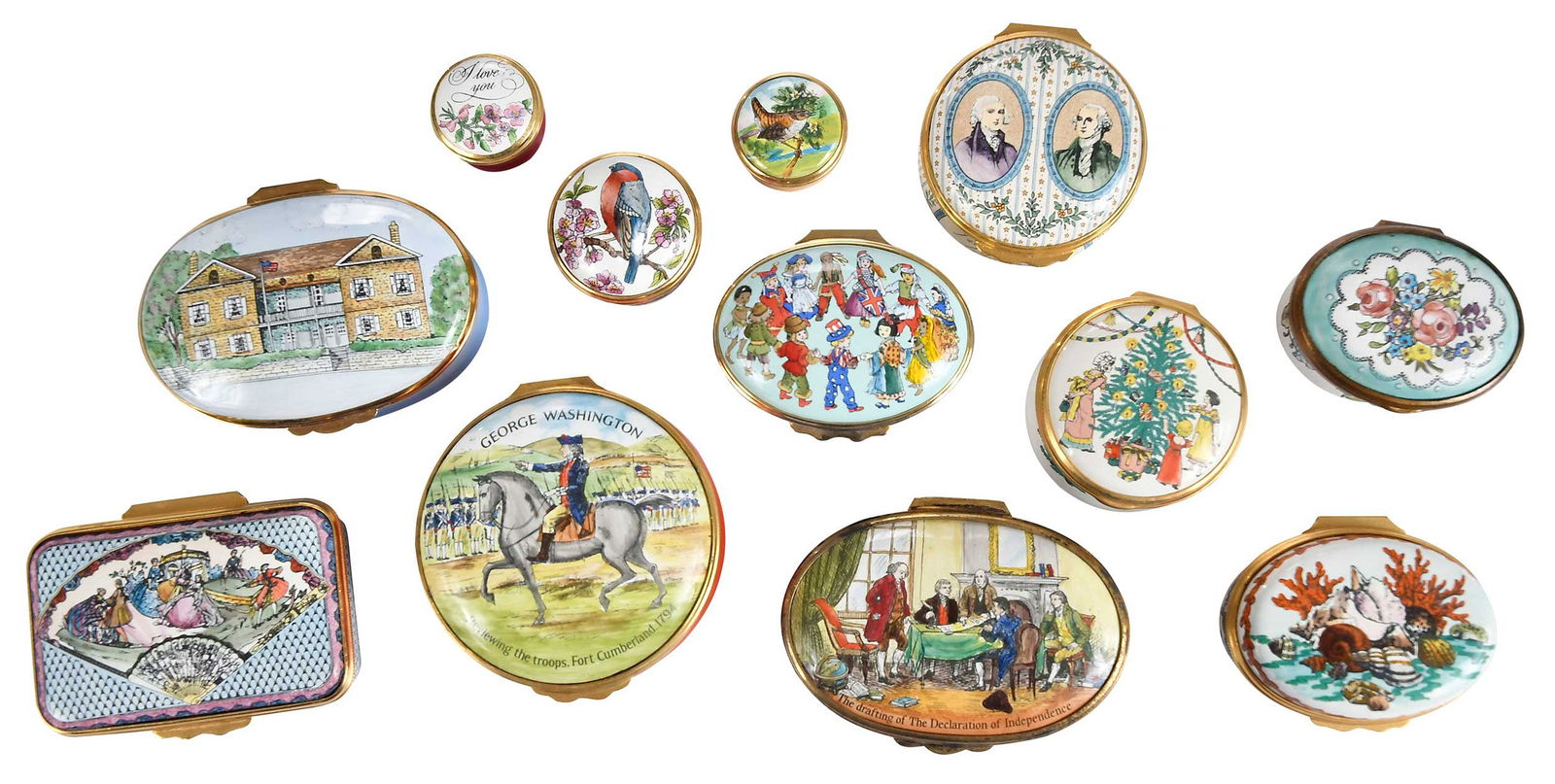 Collection of 42 Enamel Pill Boxes, Including Tape Measure and Music Box: English/French, 20th century, of assorted size, style, and decoration, makers include Halcyon Days, Eximious, and Staffordshire Enamels, among others, largest 2-1/8 x 2-5/8 x 2-1/2 in. Provenance: Pri