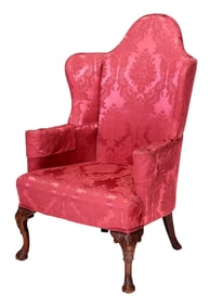 Queen Anne Style Carved Walnut and Red Damask Upholstered Wing Chair