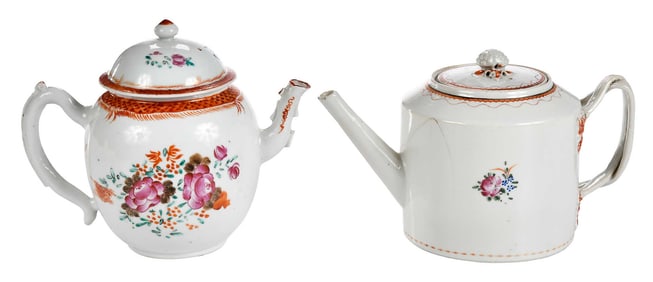 Two Chinese Export Porcelain Lidded Teapots with Floral Decoration