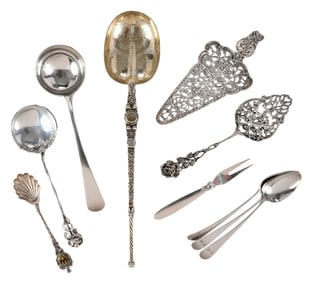 Ten Pieces of Continental Silver Spoons and Serving Pieces, including Hester Bateman