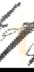 Jeweled Dagger: probably Continental, 19th century, gilt silver handle with figure and skull and cross bones, velvet covered sheath with gilt silver mounts, all with garnets, glass, and turquoise accents, chain, unma