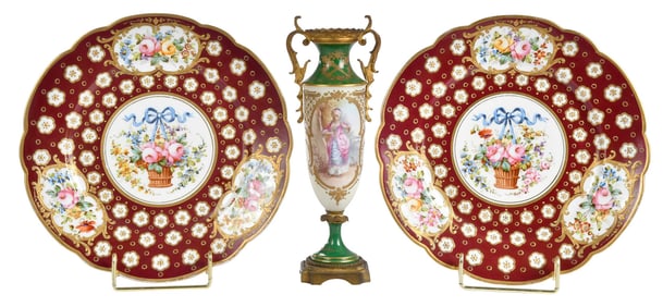 Sevres Style Porcelain Vase and Two Cabinet Plates