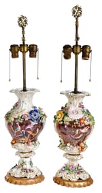 Pair of Continental Porcelain Floral Encrusted and Painted Vases