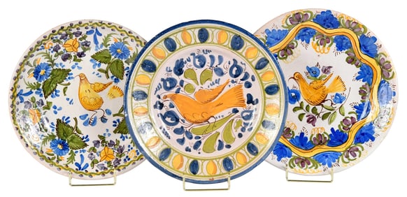 Three Continental Polychrome Faience Bird Chargers