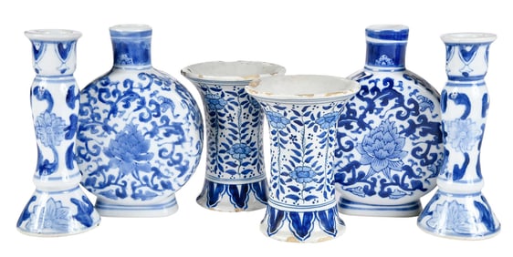 Six Small Blue and White Ceramic Table Objects, Dutch Delft and Chinese