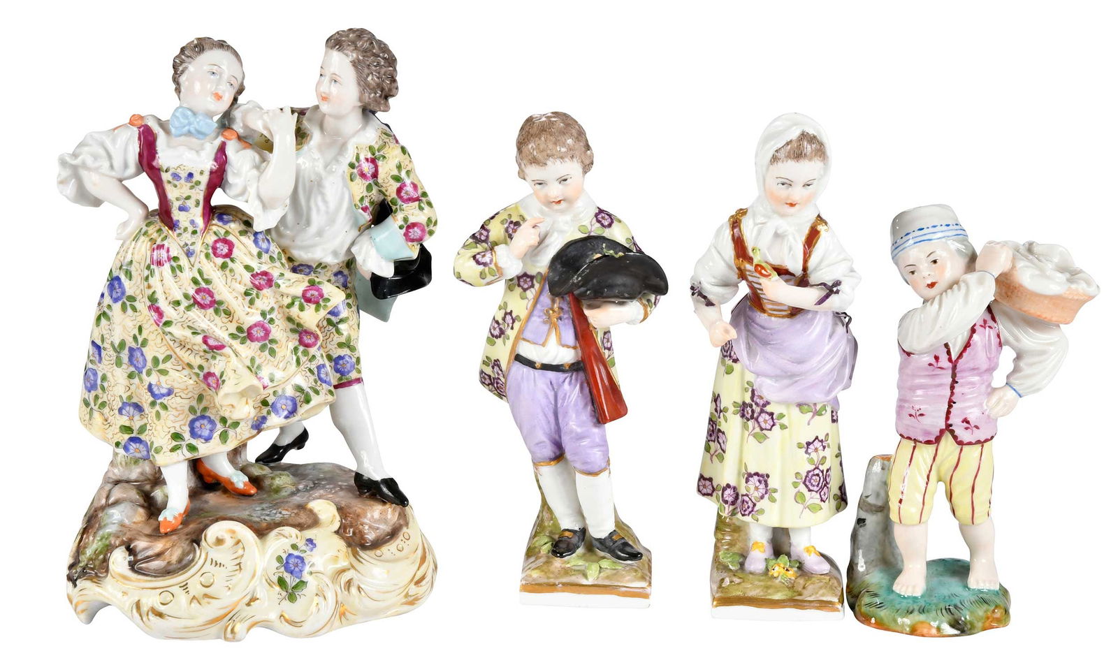 Four Continental Porcelain Figural Table Objects: German, 19th century, three pieces with blue underglaze KPM marks to bases, boy with basket figure with blue underglaze Hochst mark to base, largest 6-3/4 x 4-3/8 x 4 in. Provenance: Estate of Gary L.