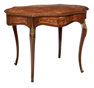 Louis XV Style Marquetry Inlaid and Bronze Mounted Cartouche Form Center Table