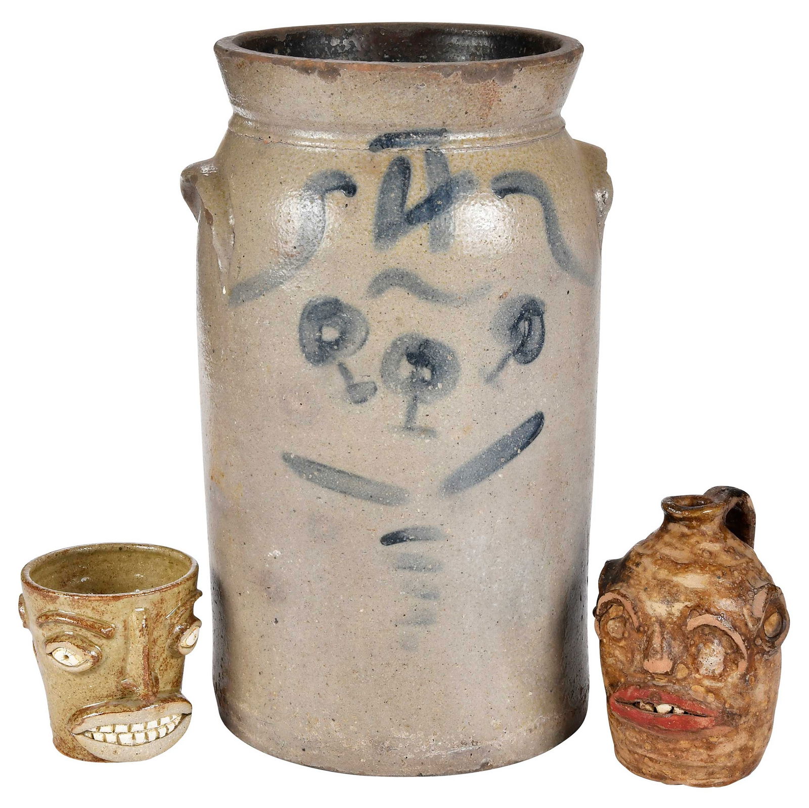 Three Pieces of Southern Pottery: Charles S. Kline, Fulton County, Atlanta, Georgia, stoneware churn, circa 1880s, Albany slip glazed interior, salt glazed exterior, applied cobalt decoration to front including "4" capacity mark, stam