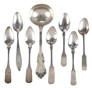 Eight Pieces Coin Silver Flatware, Most Charleston