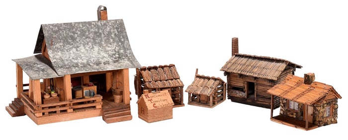 Six Regional Folk Art Miniature Houses and Log Cabins