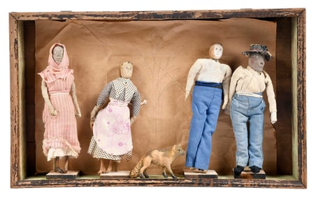 Four North Carolina Attributed Folk Dolls with Carved Wood Fox in Shadowbox