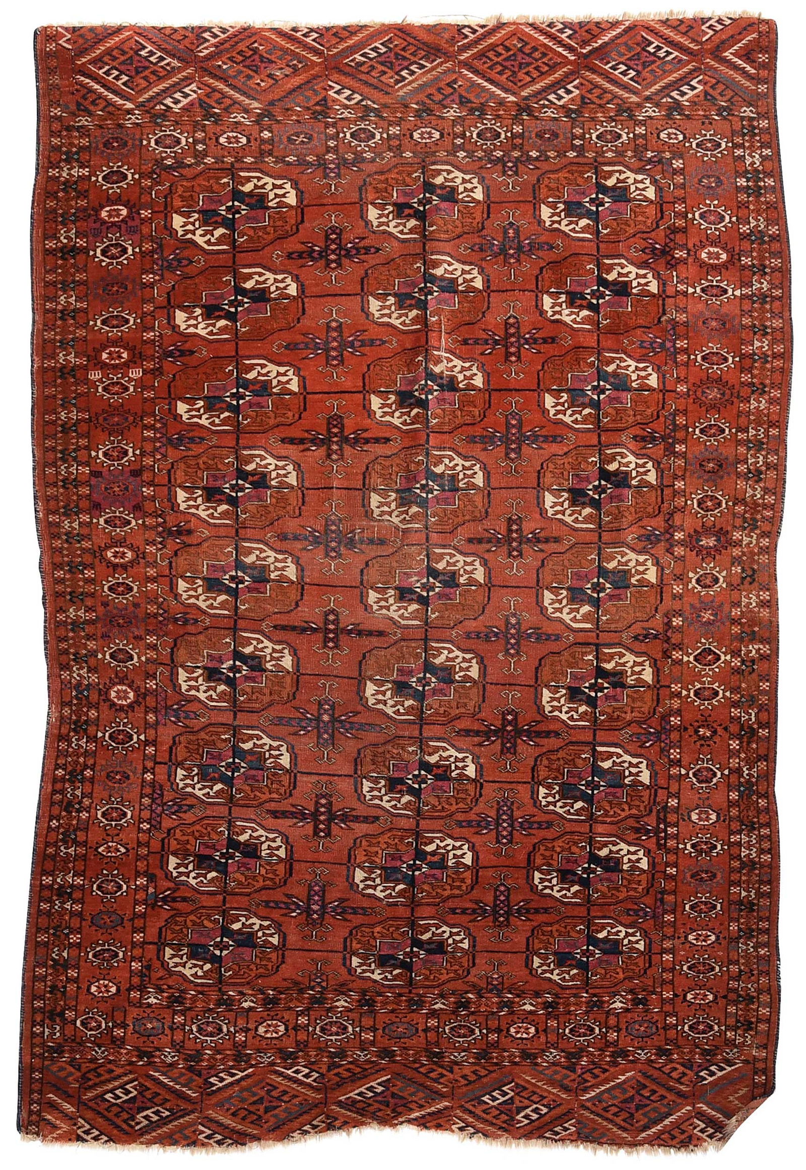 Turkmen Rug: mid 20th century, orange field with repeating bokhara medallions, diamond design end panels, 6 ft. x 4 ft. Provenance: North Carolina Collection