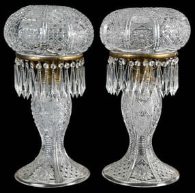 Near Pair of Cut Glass Mushroom Shade Lamps