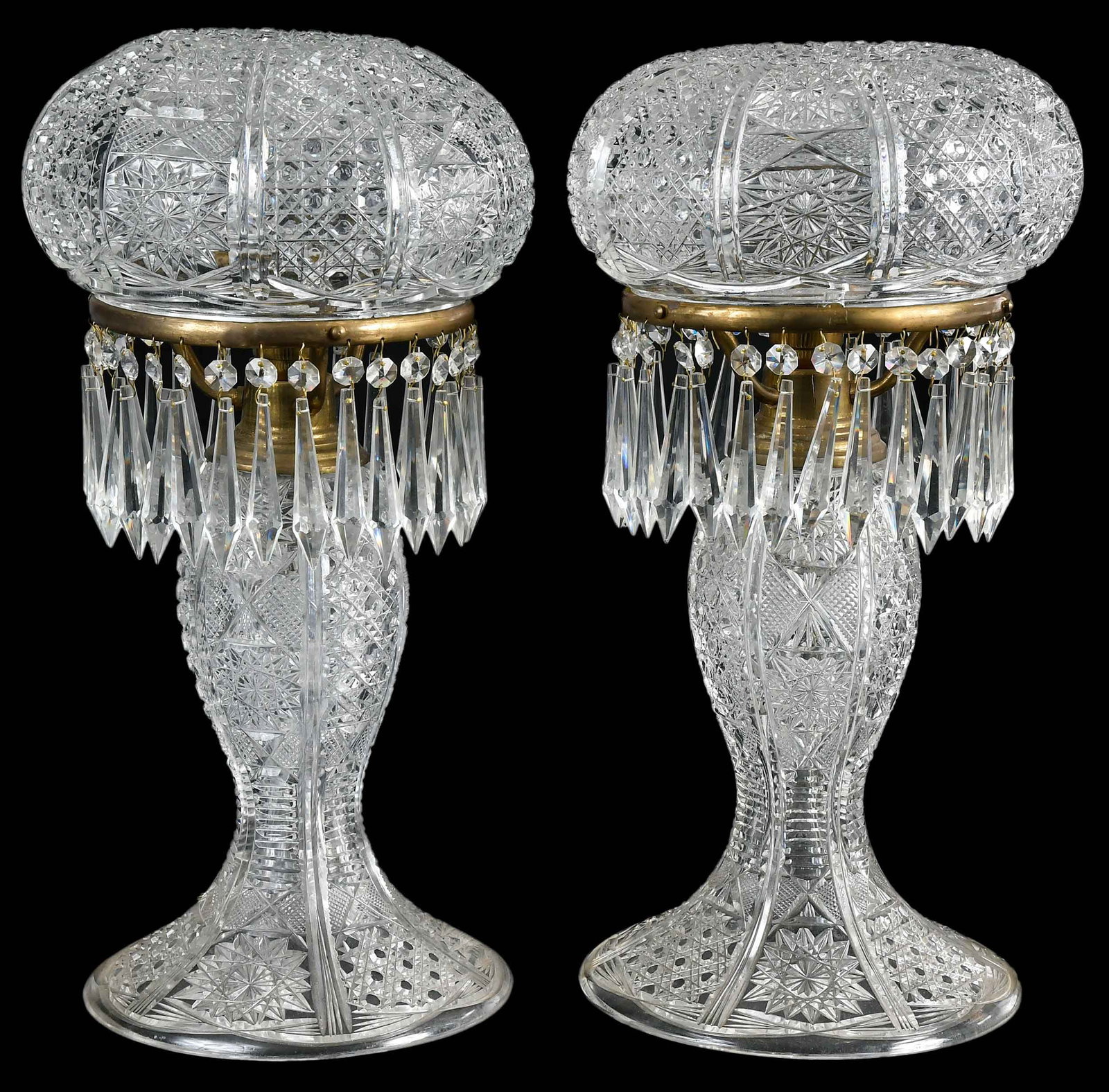 Near Pair of Cut Glass Mushroom Shade Lamps: 20th century, unmarked, approx. 20 x 9-1/4 x 9-1/4 in. Provenance: Estate of Gary L. Johnson, Virginia