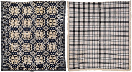 American Blue and White Coverlet, Signed and Dated 1840, with Initialed Woven Blanket