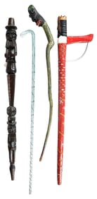 Four Whimsical Folk Art Canes, One Glass
