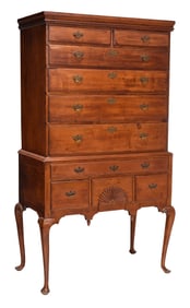 New England Queen Anne Fan Carved Birch and Maple High Chest of Drawers