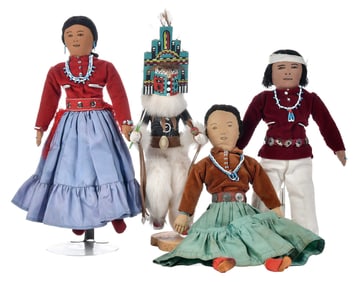 Three Navajo Dolls and a Kachina