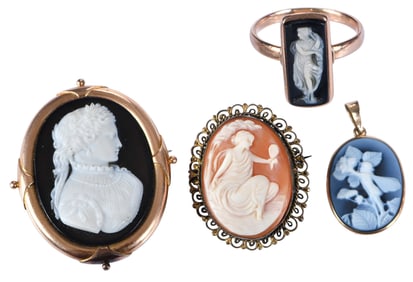 Three Carved Cameo Pendants and Cameo Ring