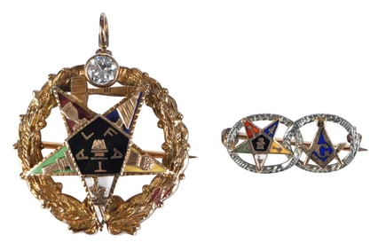 Two 14kt. Vintage Masonic Affiliated Pins, One with Diamond