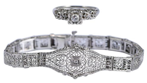 14kt. Art Deco Diamond Ring and 10kt. Bracelet