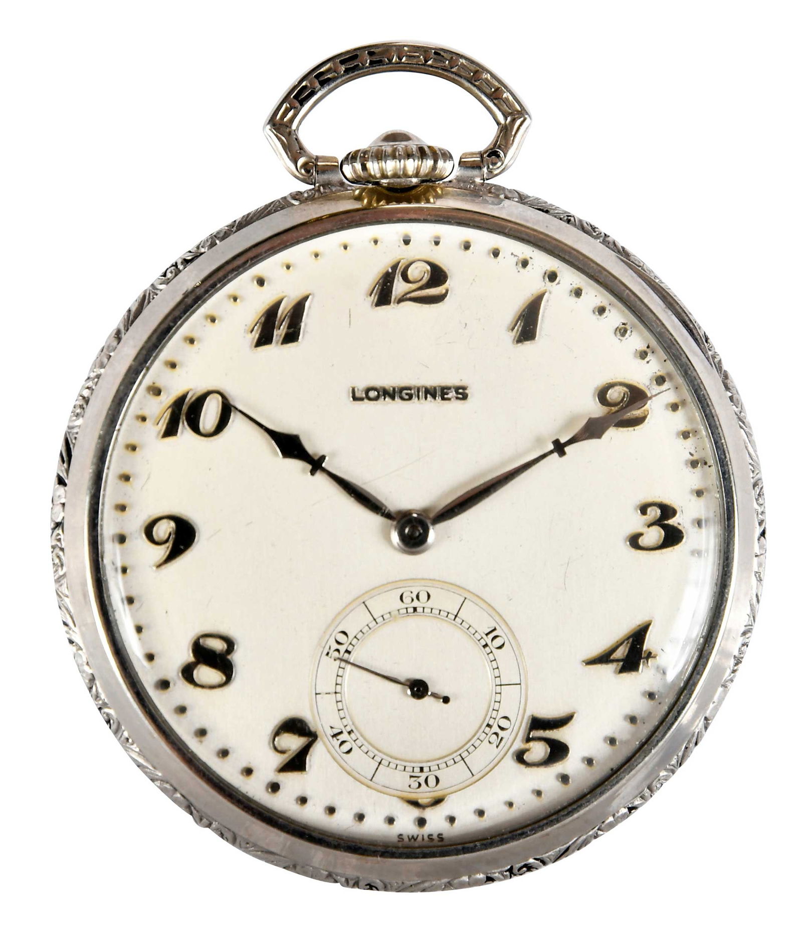 Swiss Longines Open Face Pocket Watch: Arabic markers, white dial, engraving on edge of case, chronograph located at 6, inside back case marked "8284048, 14k, Gold Filled, Wadsworth", white gold filled, movement 4897059, 17 jewel, Longines