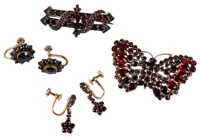 Two Pairs Garnet Earrings and Garnet Brooch with Butterfly Brooch