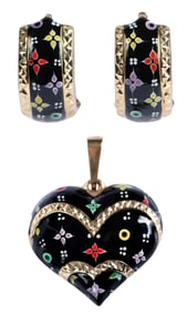 14kt. Matching SLC Enamel Heart Pendant and Huggie Hoop Earrings