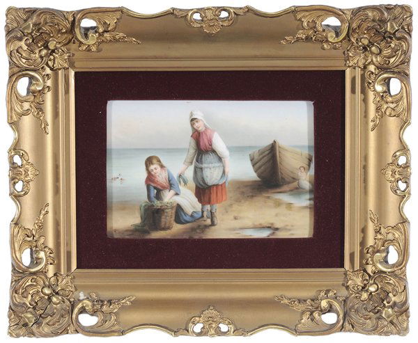 Berlin KPM Hand-Painted Porcelain: Plaque early 20th century, titled verso "Sea Views After Wilson", impressed K.P.M. mark, 6-1/4 x 9-1/4 in.; gilt wood and composition frame, light surface abrasions lower right in sand. Provenance: Es