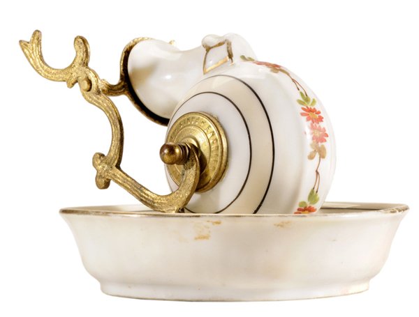 Unusual Snail-Form Porcelain Inkwell: French, 19th century, brass mounts marked "Encrier J.L. Bascule, Paris", rotating ink cavity with hand-painted floral decoration, brass pen holder, 4 x 5 in., probably lacking a pad for the spout, wea