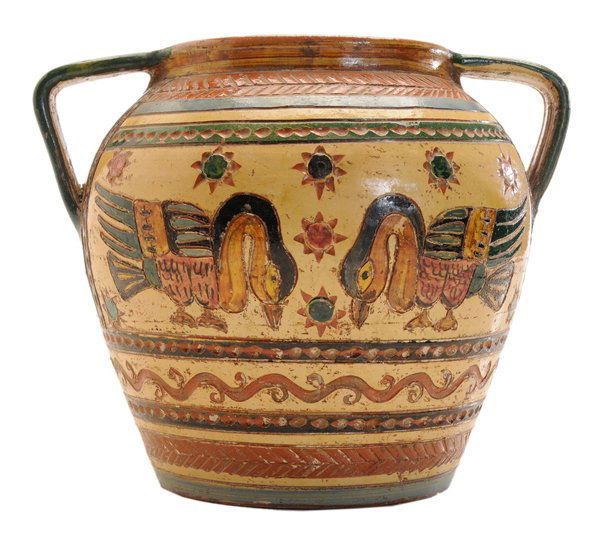 Redware Urn With Swans: Italian, late 19th/early 20th century, hand turned and decorated, incised and polychromed with scroll and herringbone borders below panels with geese or swans, base incised "VIDI Maffeo/Italia", other