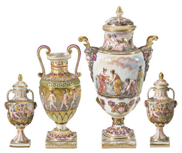 Four Capodimonte Urns: Continental, 20th century: pair with lids, 7 in.; one 9-1/2 in.; one 11-1/2 in., all with classical figures in pleasurable pursuits, all with blue-printed crown-over-N marks under glaze, good conditio
