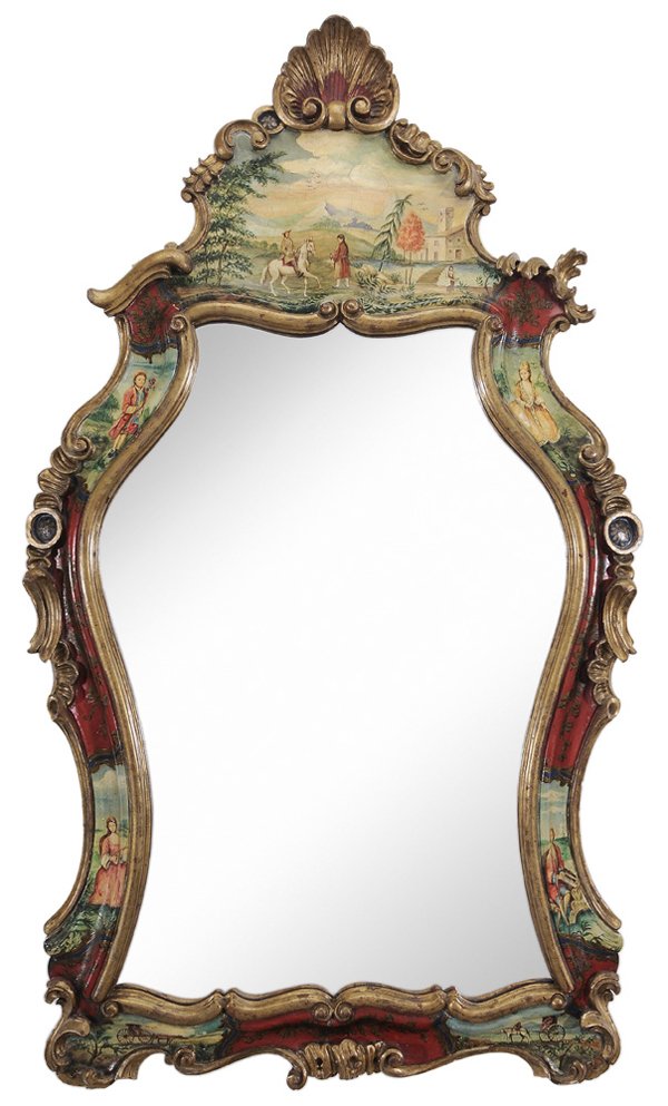 Venetian Style Parcel Gilt and: Decorated Mirror modern, 48-1/2 x 28-1/2 in., generally good condition, minor surface chips and losses especially at carved elements (lacking one scroll at shoulder). Provenance: Private Collection, G