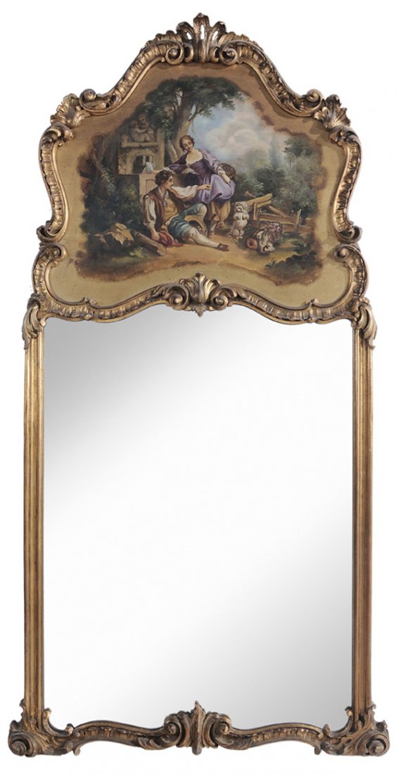 Louis XV Style Trumeau Mirror: 20th century, slightly convex wooden panel at top with hand-painted scene depicting a bucolic courtship scene, carved and gilt frame with [rocaille] decoration, 58 x 30 in., painted scene in generally