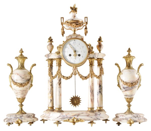 Gilt Bronze Clock and Garniture: French, late 19th century: clock with urn pediment above a columned support, extensive gilt bronze mounts, face marked "Leon Chari…(?)" and hand-painted floral swags, 20-1/2 in.; with two urns, base