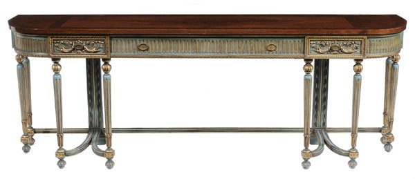 Adam Style Painted and Parcel Gilt: Walnut-Veneered Sideboard 20th century, figured veneer top over three frieze drawers, Prussian blue and gilt-decorated frame with stretcher base, 34 x 96 x 21 in., scattered cracks and minor separatio