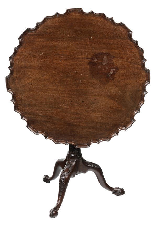 Chippendale Mahogany Tilt-Top: Piecrust Tea Table British, 18th century, piecrust top tilting over a blind-fret carved column with birdcage top, 27-1/2 x 30-3/4 x 31-1/4 in., top associated and with fading and stains, patches and r