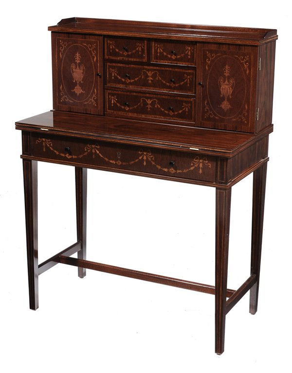 Adam Style Marquetry-Inlaid Lady's: Writing Desk modern, upper section with two inlaid doors centering four drawers, lower case with figured walnut veneers, fold-down writing flap and satinwood-lined and inlaid long drawer, 42-1/2 x 32-