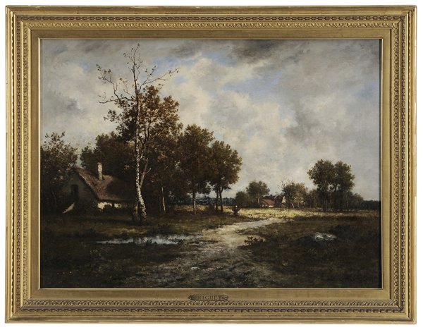 Leon Richet: (French,1847-1907) Landscape with Cottage and Figure on a Path, signed lower right "Leon Richet", oil on canvas, "Leforge Carpentier, Paris" colourman stamp, 26 x 35 in.; gilt wood and composition lin