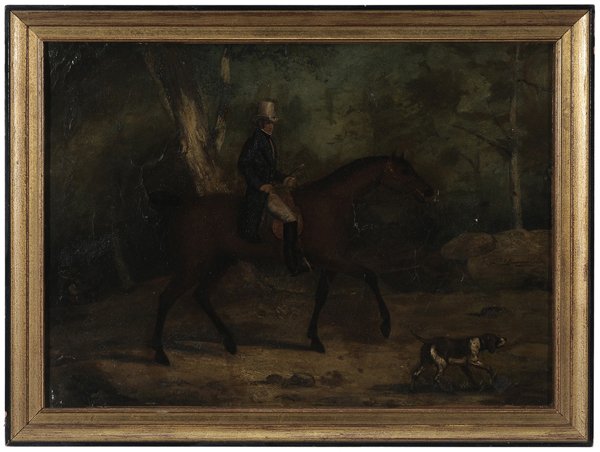 Ferdinand Dommey: (French, 1801-1874) Man on Horse, accompanied by a dog, signed middle right "F Dommey 1830", oil on canvas, 12-1/2 x 17-1/4 in.; gilt and painted wood frame, lined with paste and linen, crackle, cuppi