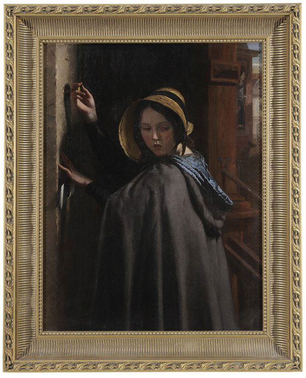 British School: (19th century) Girl Delivering a Letter, unsigned, oil on canvas, 36-1/4 x 27-3/4 in.; modern gilt wood and composition frame, lined, restretched on old stretcher, retouch within bitumen draw, crackle